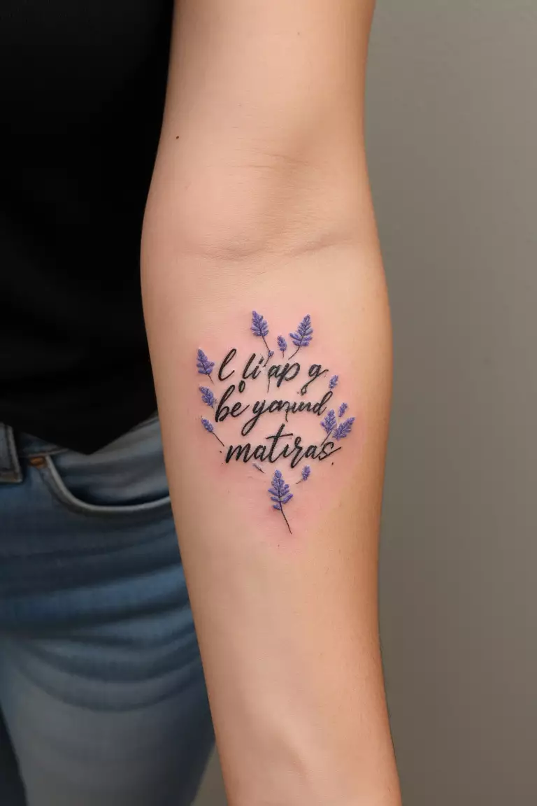 A close up shot of woman's arm with a lavender with script tattoo  