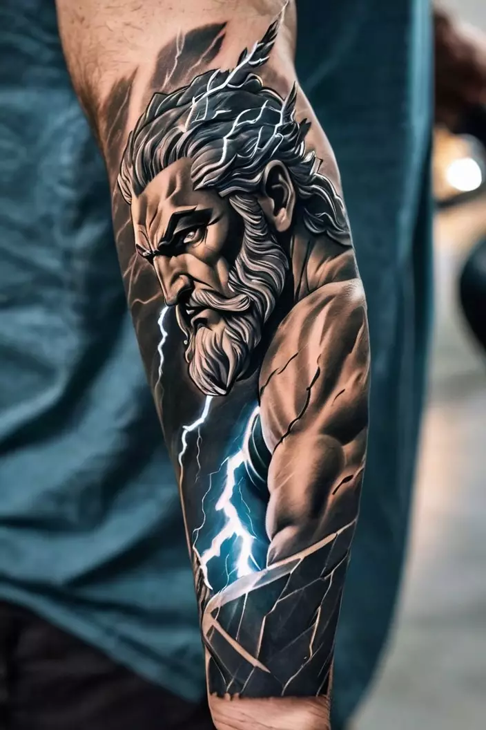 A close-up photo of a man showing his Zeus with lightning bolt arm tattoo, emphasizing the dramatic effect of the lightning strike alongside Zeus.  