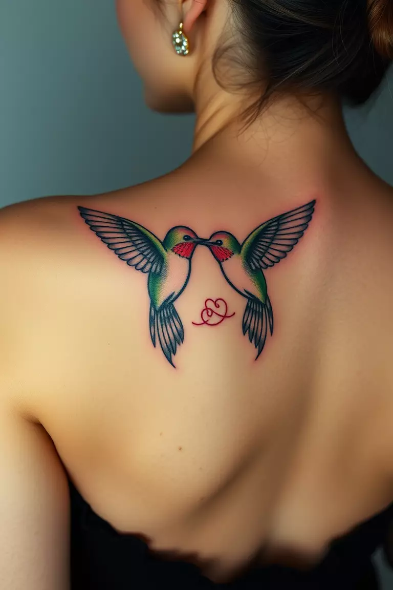 Two Hummingbirds Tattoo A photo of a woman with two hummingbirds tattoo on her back, intertwined in an elegant design