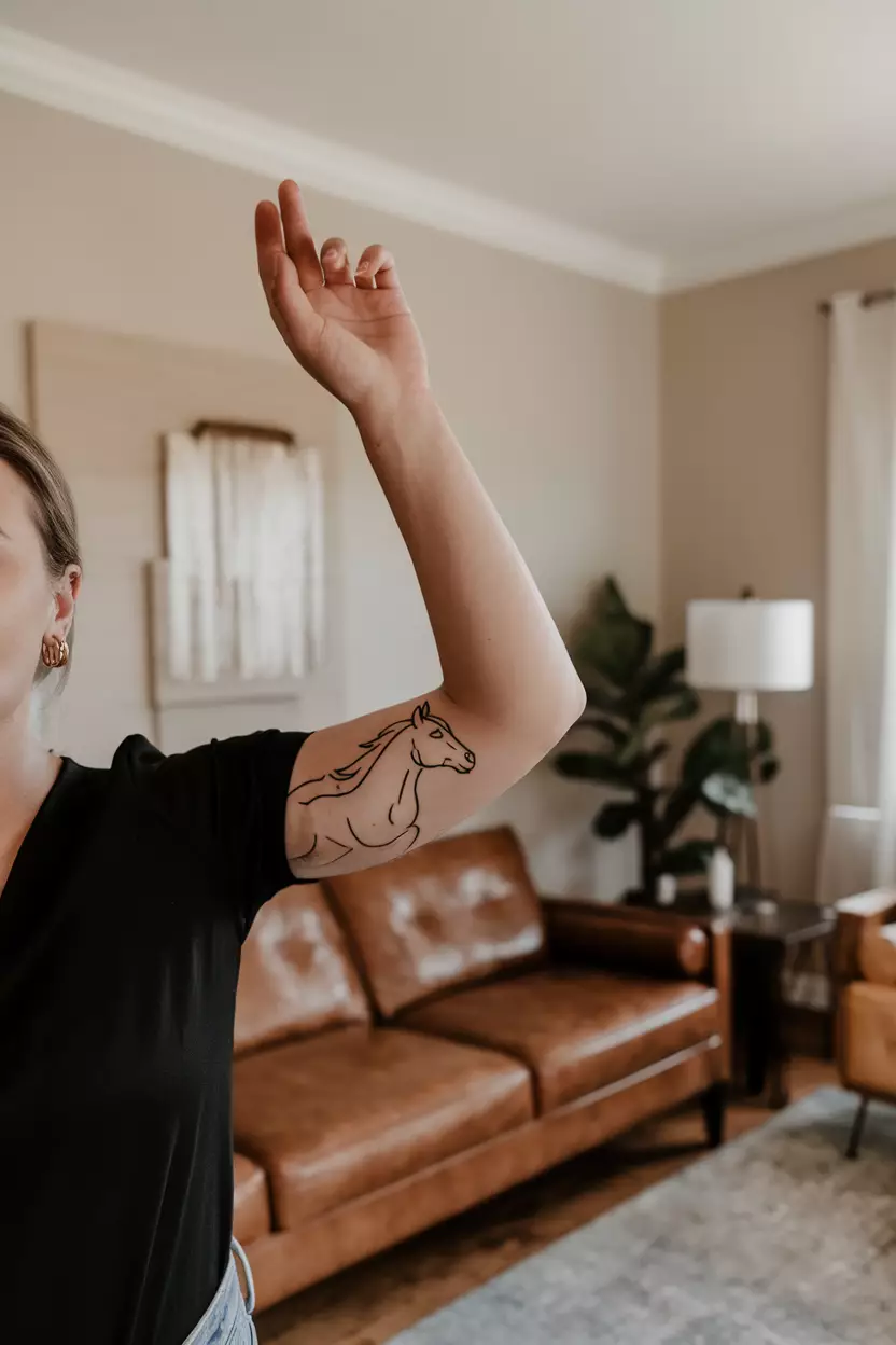 A photo of a woman with a fineline minimalistic horse forearm tattoo, living room background.