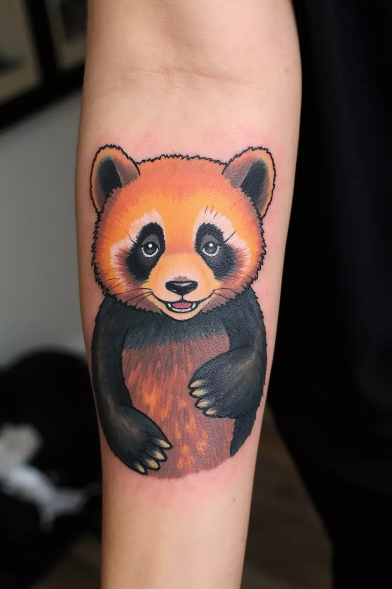 A close up shot of woman with a colorful realistic happy panda tattoo on her forearm.  