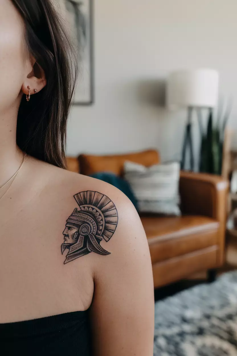 Tiny Aztec Helmet A close-up photo of a woman showing her small Aztec warrior helmet tattoo with minute details, tattoo design, living room background
