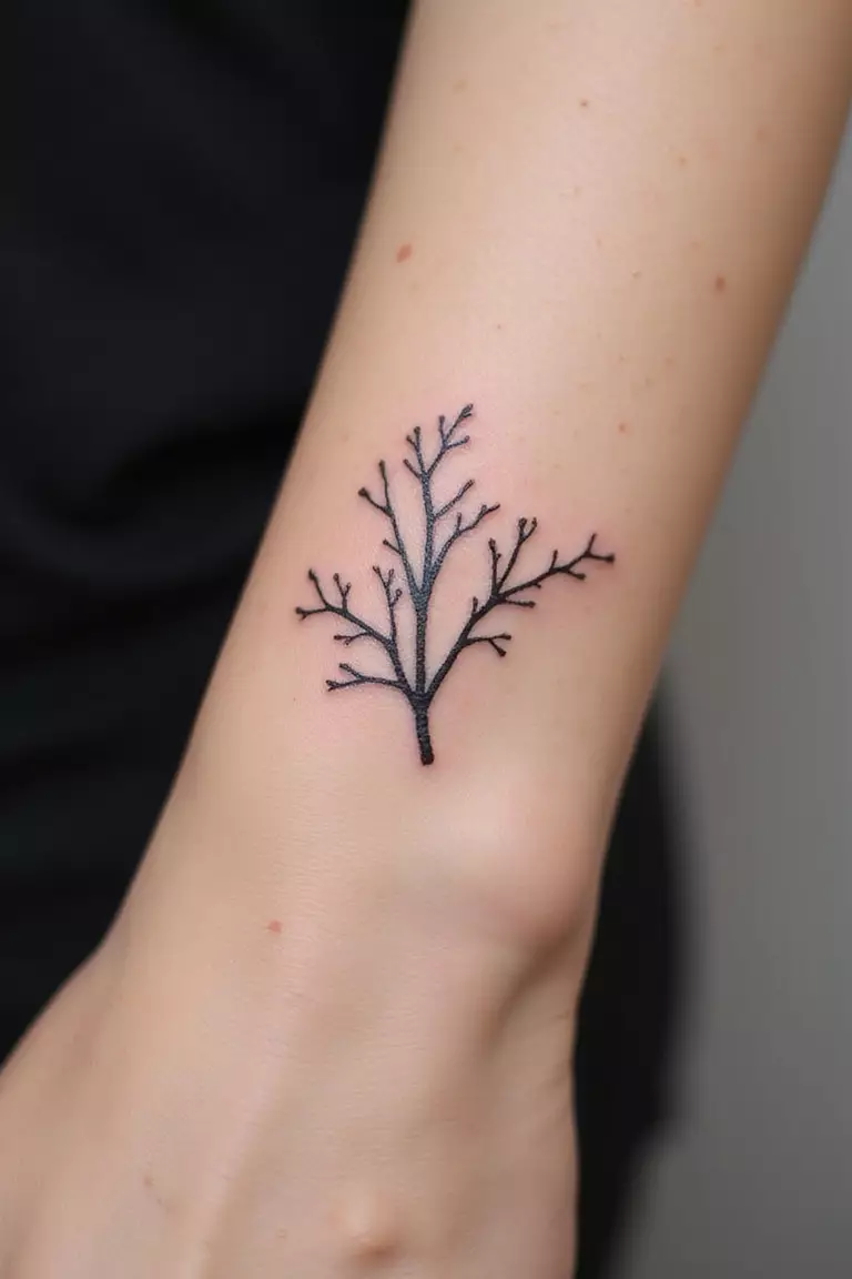 A close-up shot of a woman showing her black ink tiny ankle coral sprig tattoo design on her arm