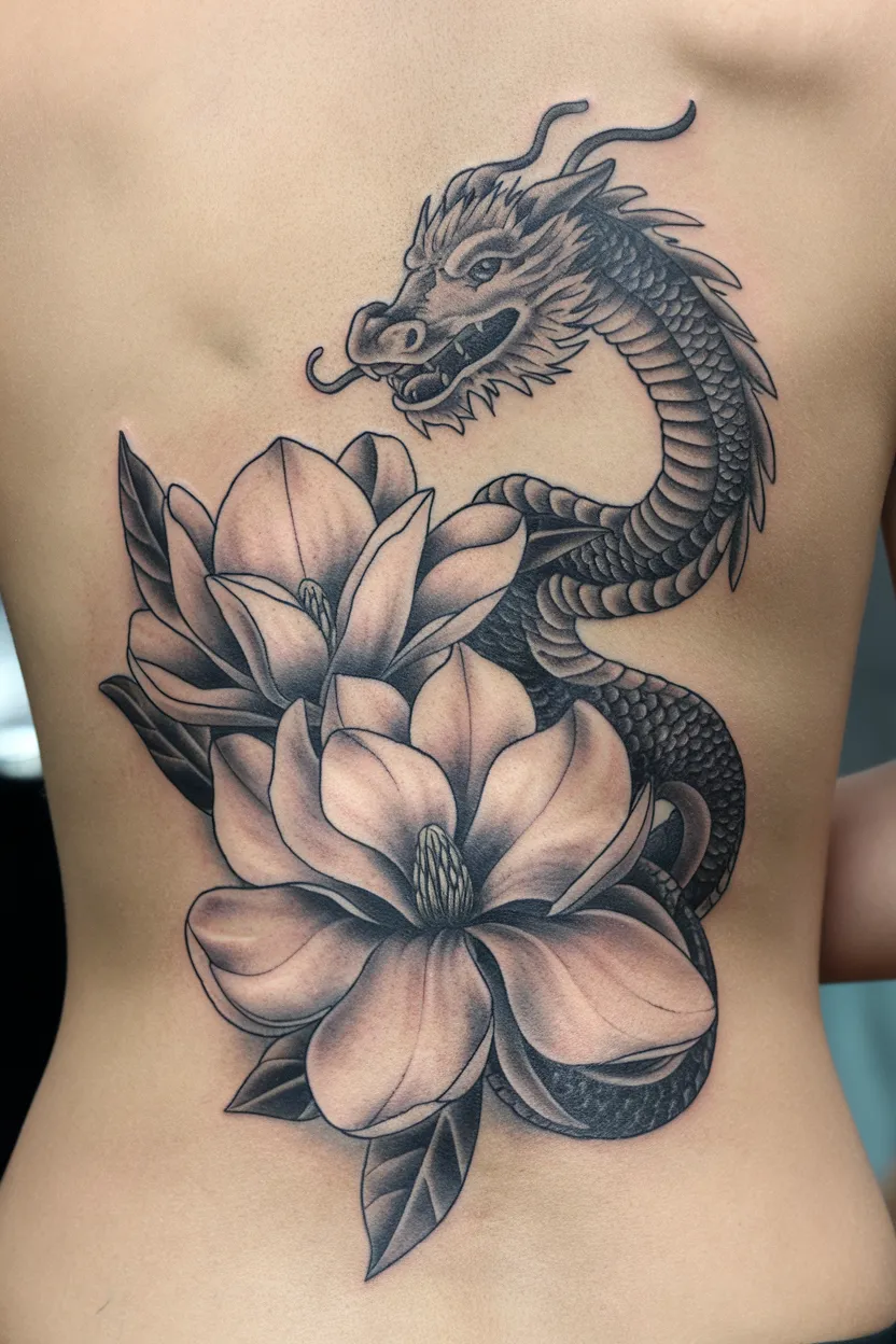 Magnolia and Coiled Dragon Lower Back Tattoo
