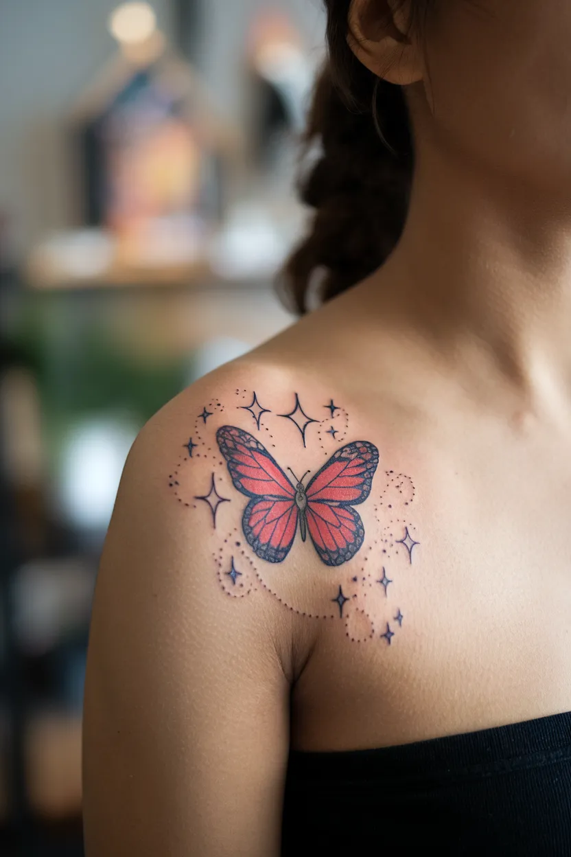Red Butterfly With Stars Surrounding it