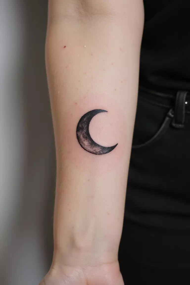 A close-up shot of a woman showing her black ink delicate crescent moon tattoo design on her forearm