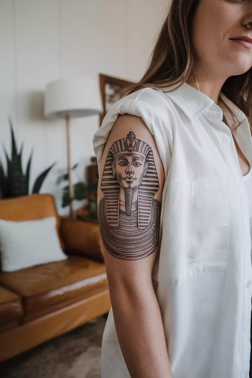 Sketch Style Tutankhamen Tattoo A photo of a woman with a sketch style Tutankhamen tattoo, living room background