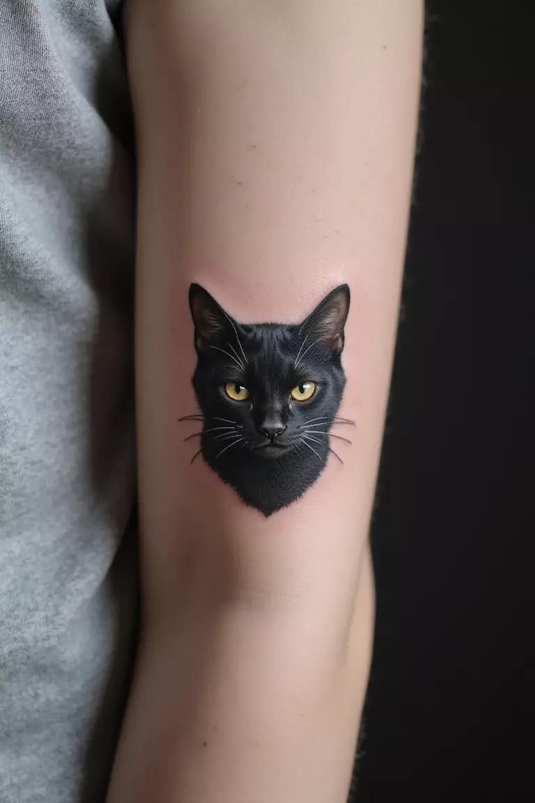 A close-up shot of a woman's arm with a black ink tattoo of a black cat.