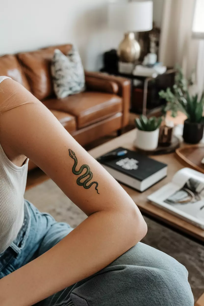 Tiny Green Snake A close-up photo of a woman showing her tiny green snake tattoo coiled in a circle, tattoo design, living room background