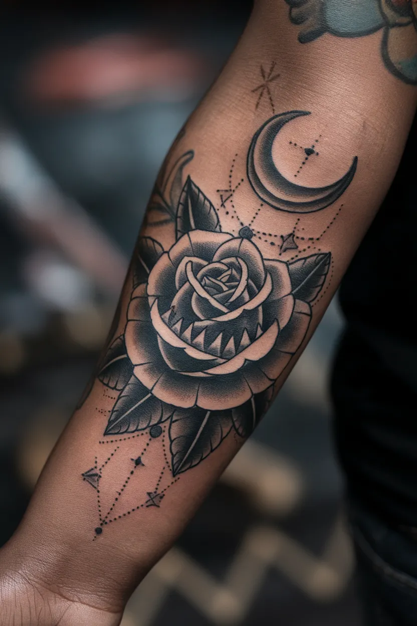 Blackwork Tattoo of Rose With Teeth and Crescent Moon