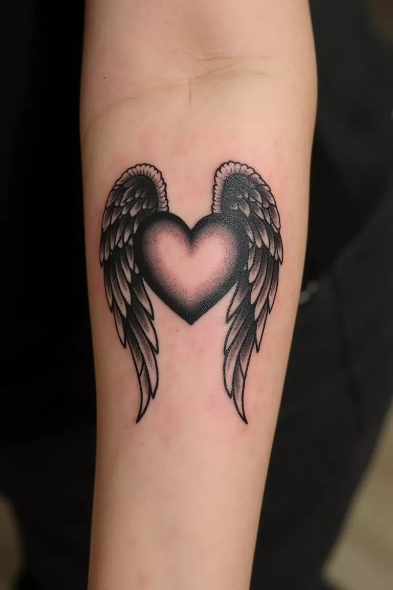 A close up shot of woman's arm with a black ink heart with wings tattoo, angelic feathered wings attached