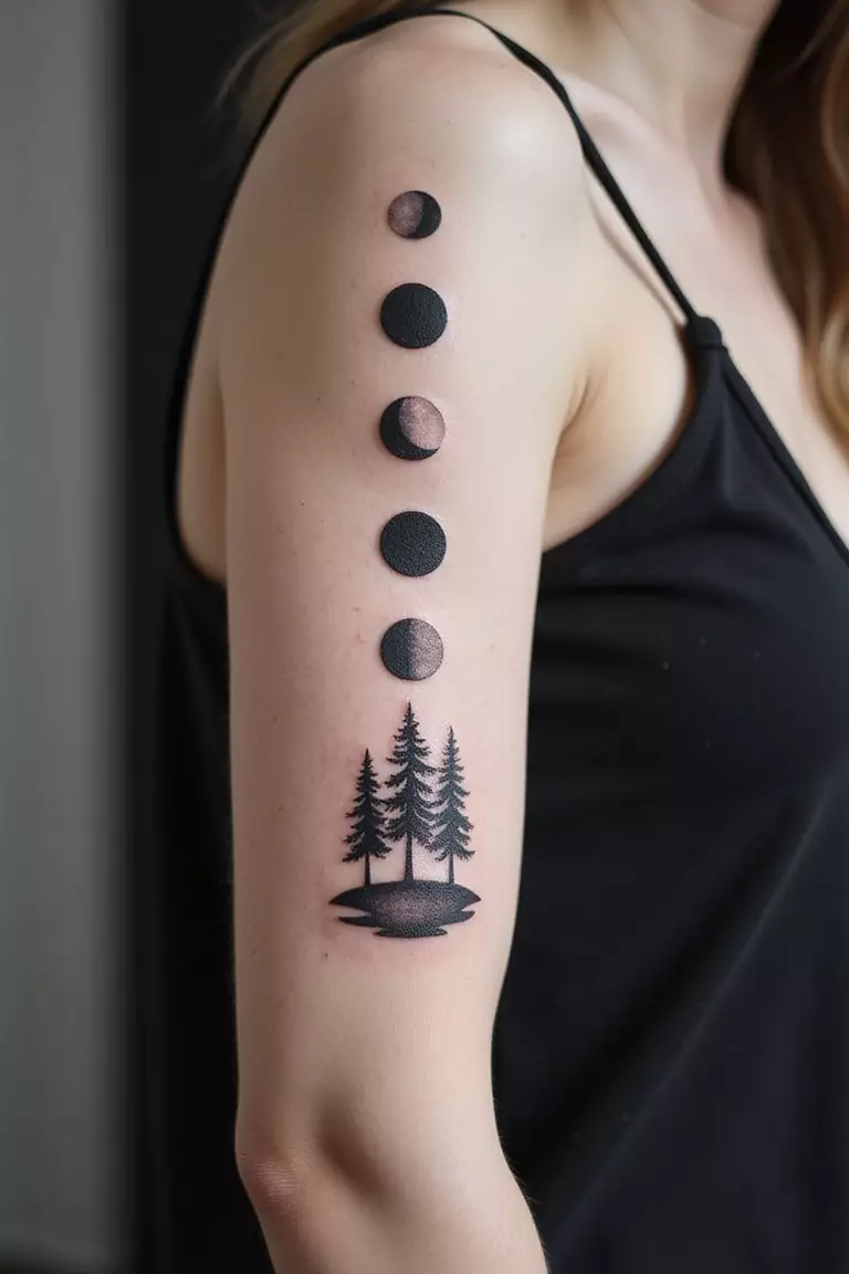 Moon Phases Over Trees A close-up shot of a woman showing her black ink moon phases over trees tattoo on her arm.