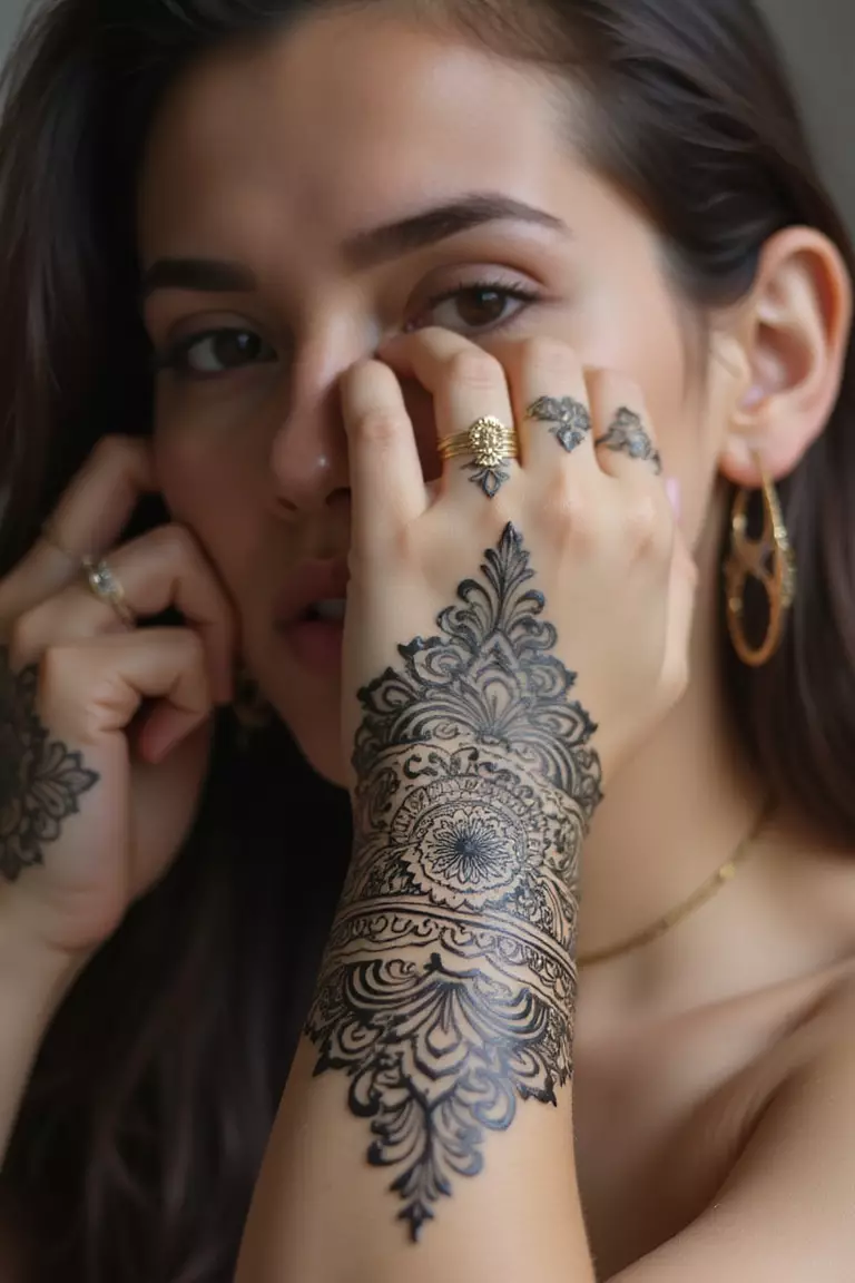 Henna Mehndi Patterns A close-up shot of a woman showing her black ink Henna Mehndi Patterns tattoo design on her arm