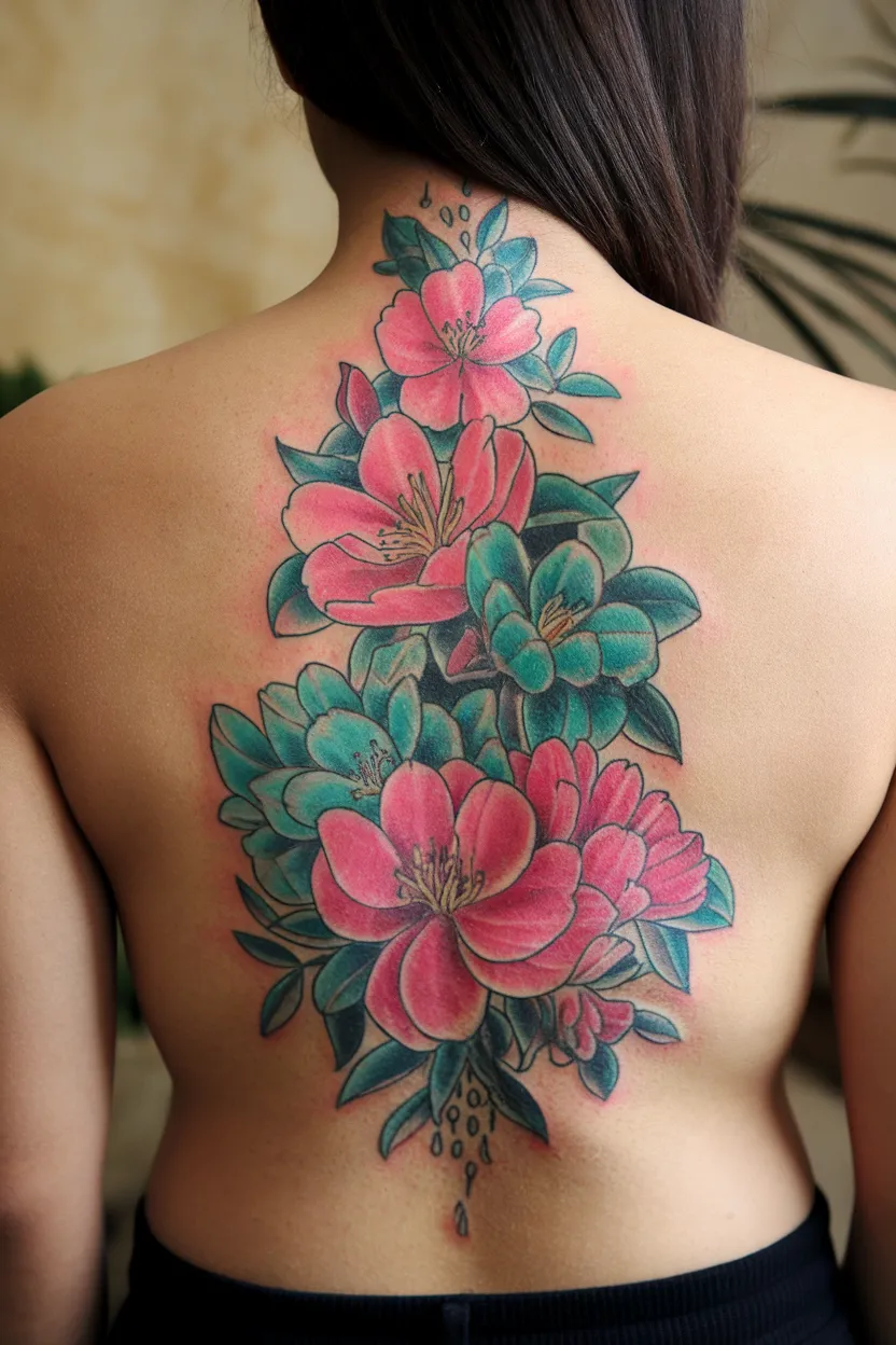 Two-Color Flower Spine Tattoo