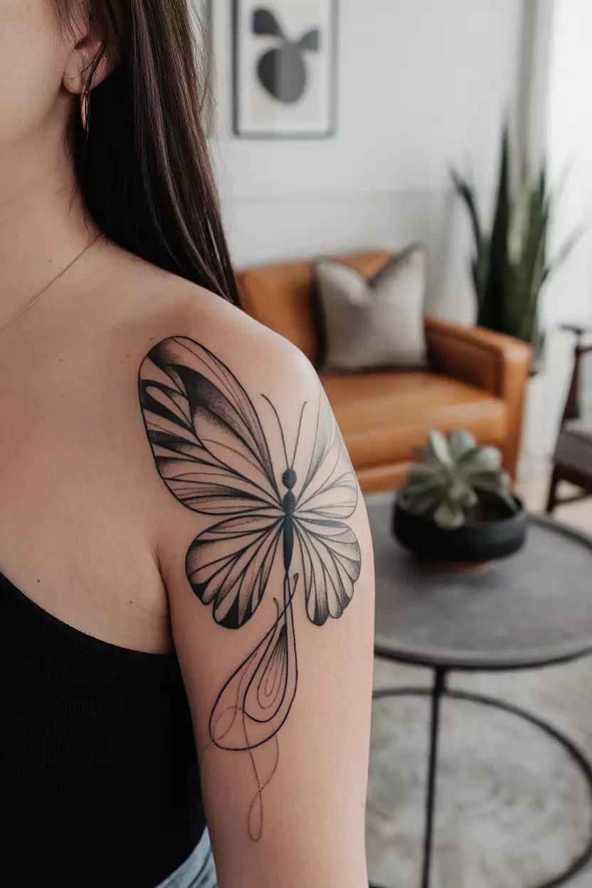 A close-up photo of a woman showing her abstract black butterfly tattoo with flowing lines and shapes, perfect for those who love modern art styles, tattoo design, living room background