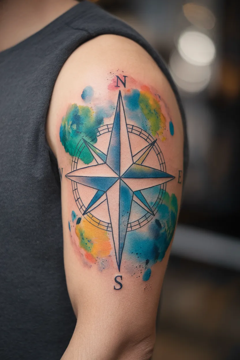 Watercolor Compass Tattoo 1