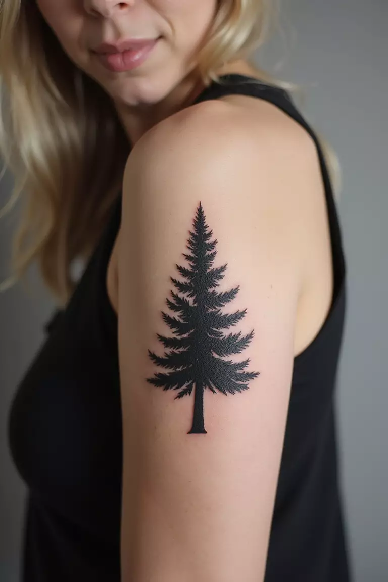 A close-up shot of a woman showing her black ink tall pine tree silhouette tattoo design on her arm