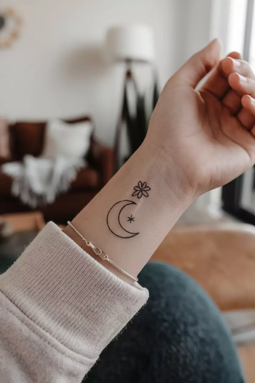A close-up photo of a woman showing her wrist with a simple line drawing tattoo of a crescent moon with a small flower, tattoo design, living room background