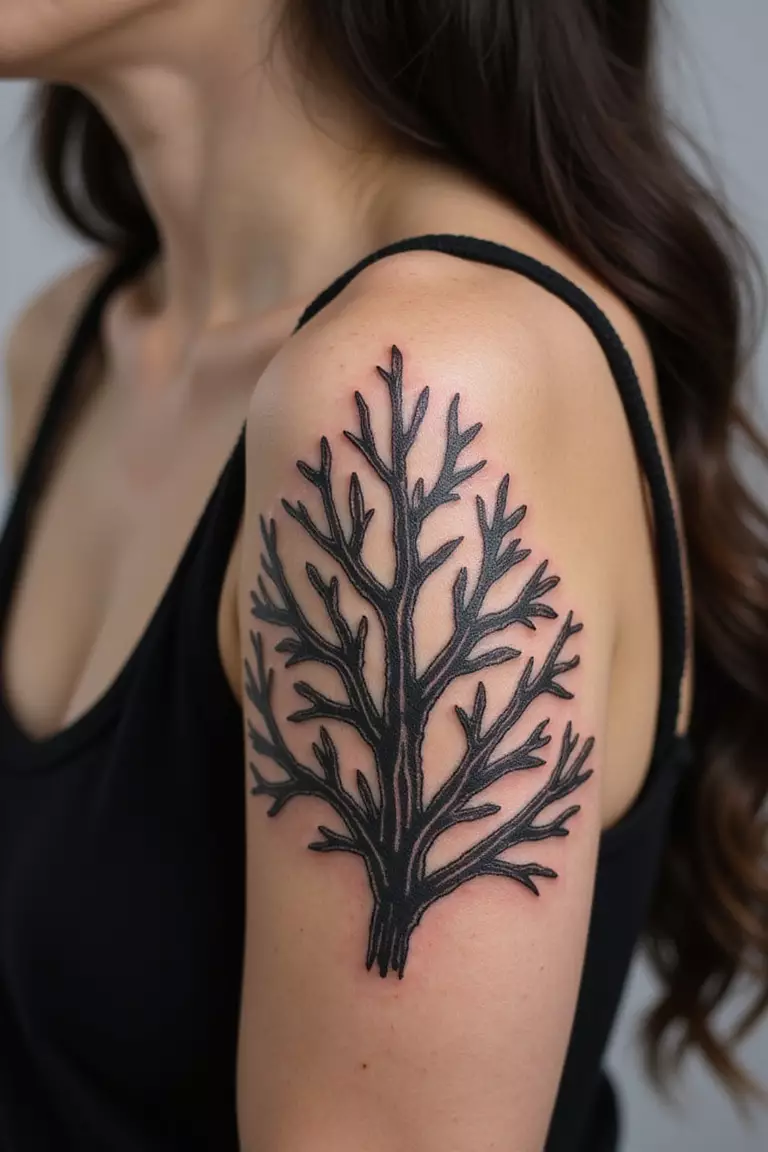 A close-up shot of a woman showing her blackwork coral detail tattoo design on her arm