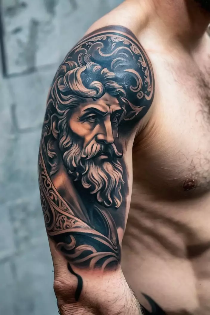 A close-up photo of a man showing his whimsical Zeus arm tattoo for men with surreal elements, reflecting playful designs and imaginative interpretations.  