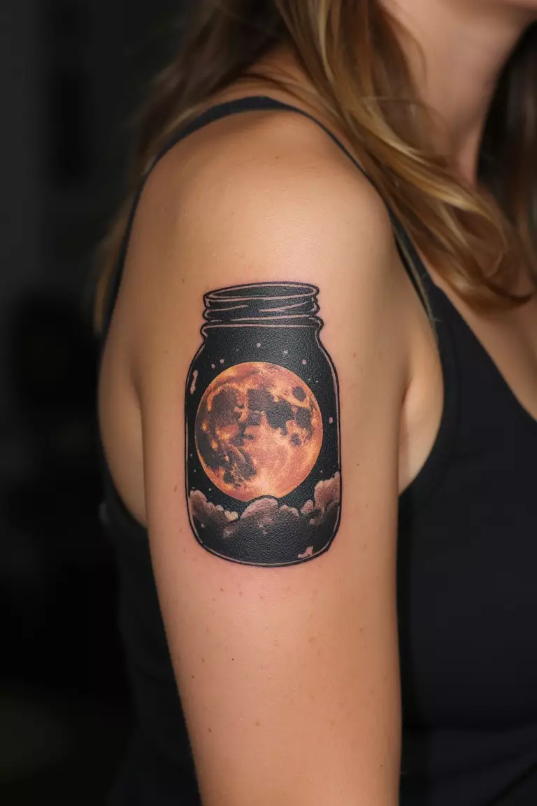 A close up shot of woman's arm with a black ink tattoo of a glowing moon in a mason jar.