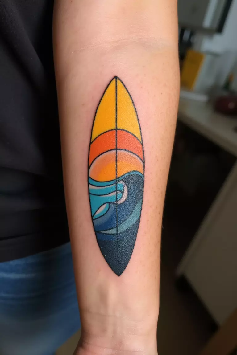 A close up shot of woman's arm with a black ink tattoo showing abstract surfer's board with colorful yellow, orange, and blue sun and wave design inside.