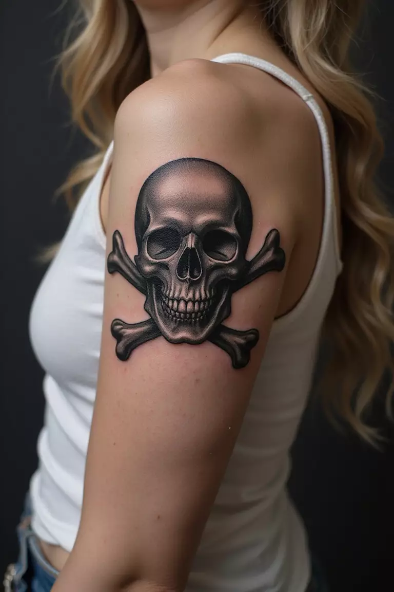 Skull A close-up shot of a woman showing her black ink classic skull and crossbones tattoo design on her arm