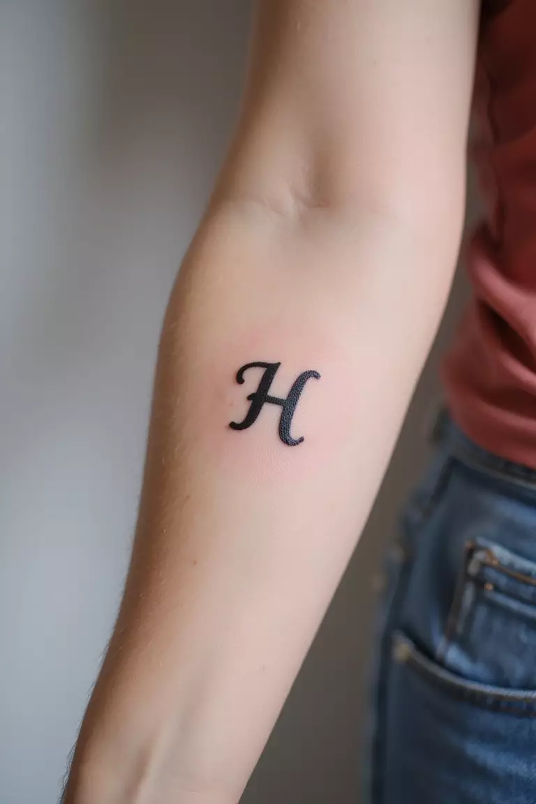 A close-up shot of a woman's arm with a black ink tattoo of a single, simple sans-serif initial letter.