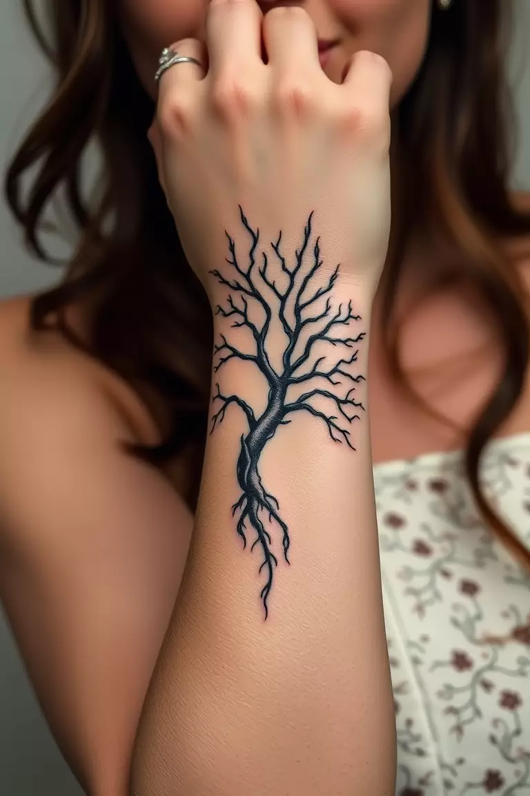A photo of a woman flaunting an elegant poison tree tattoo on her wrist.