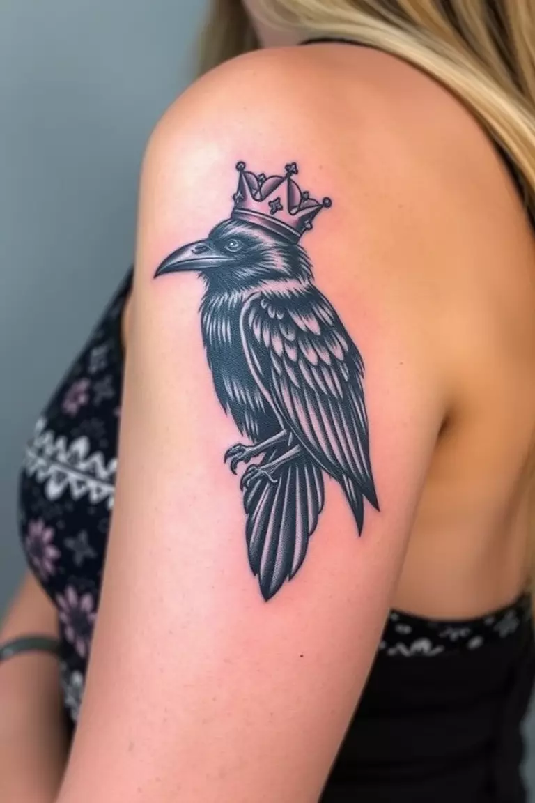 A photo of a woman with a regal crow wearing a crown tattoo on her bicep, representing power and majesty.  