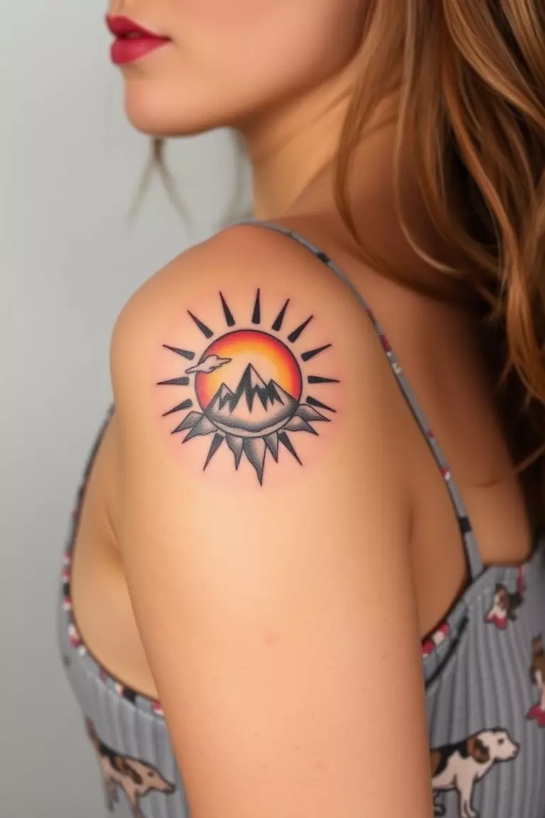 A photo of a woman with a sun and mountain tattoo on her upper arm, radiating warmth and positivity.  