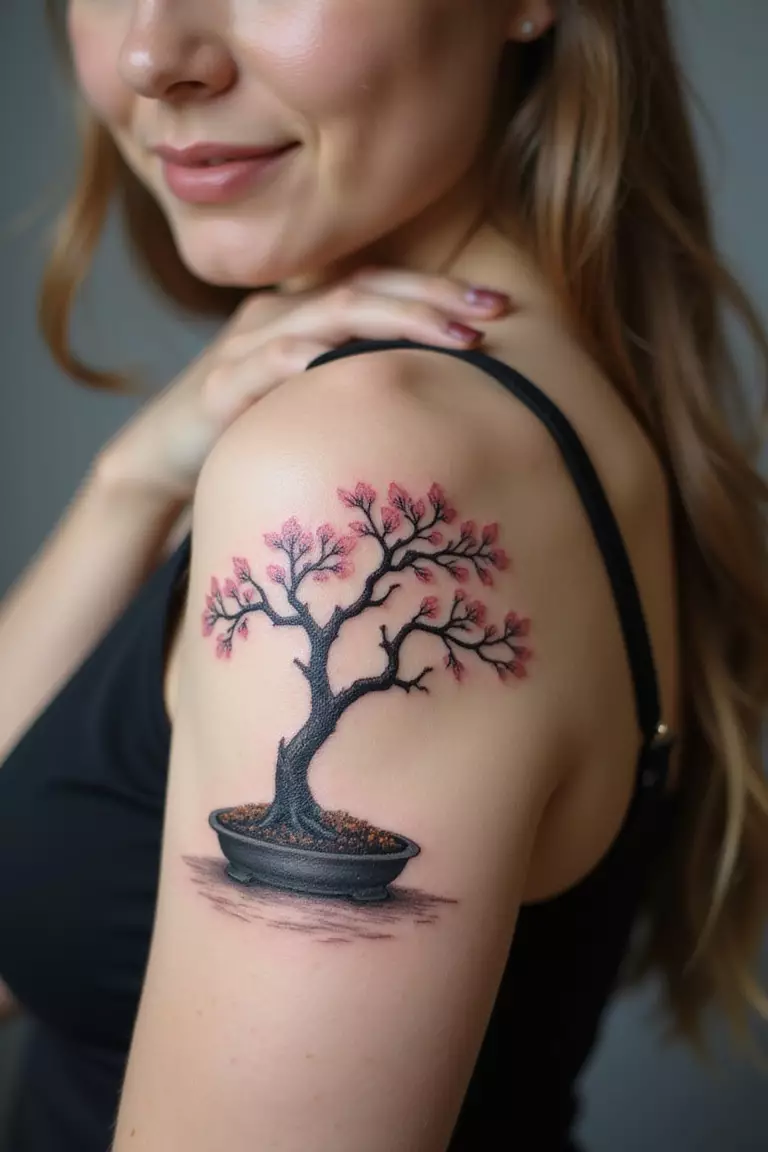 A close-up shot of a woman showing her black ink bonsai tree with small, delicate pink cherry blossoms tattoo design on her arm