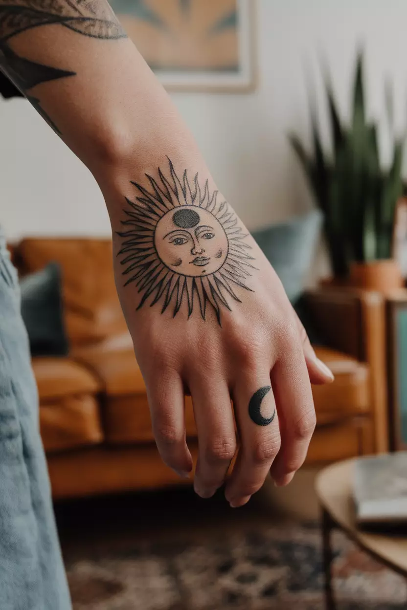 A close-up photo of a woman showing her hand with a bold, old school style tattoo of the sun and moon in muted colors, with a small crescent moon on the finger, tattoo design, living room background