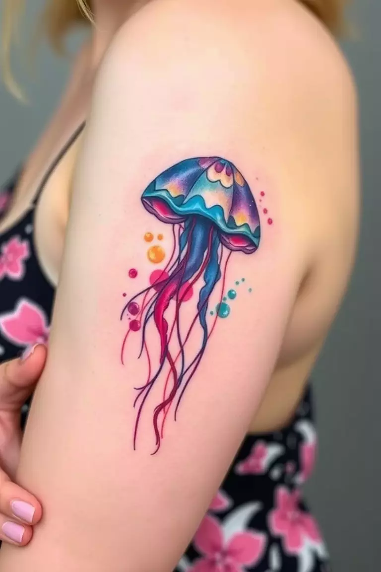 A close-up photo of a woman showing her colorful watercolor jellyfish tattoo on her arm.  