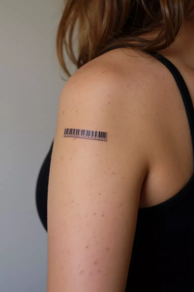 A close-up shot of a woman showing her black ink small row of piano keys tattoo on her arm.