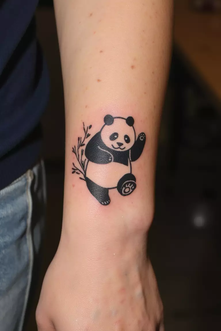 A close up shot of woman with an adorable dotwork waving panda wrist tattoo.  