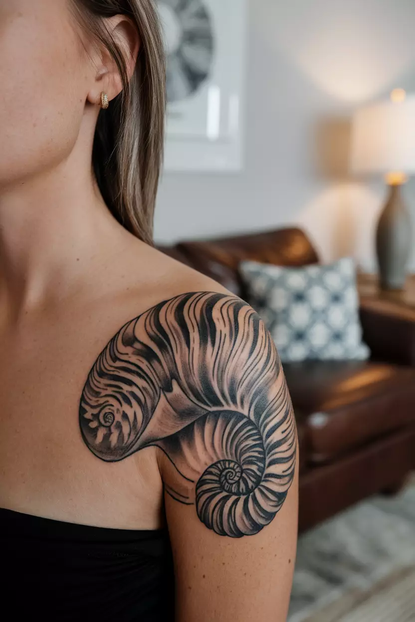 A close-up photo of a woman showing her elegant seashell tattoo with intricate patterns and shading that evoke the tranquility of beach life, tattoo design, living room background