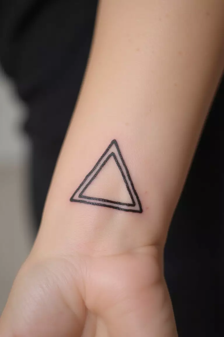 A close-up shot of a woman showing her black ink small minimalist triangle outline tattoo design on her wrist