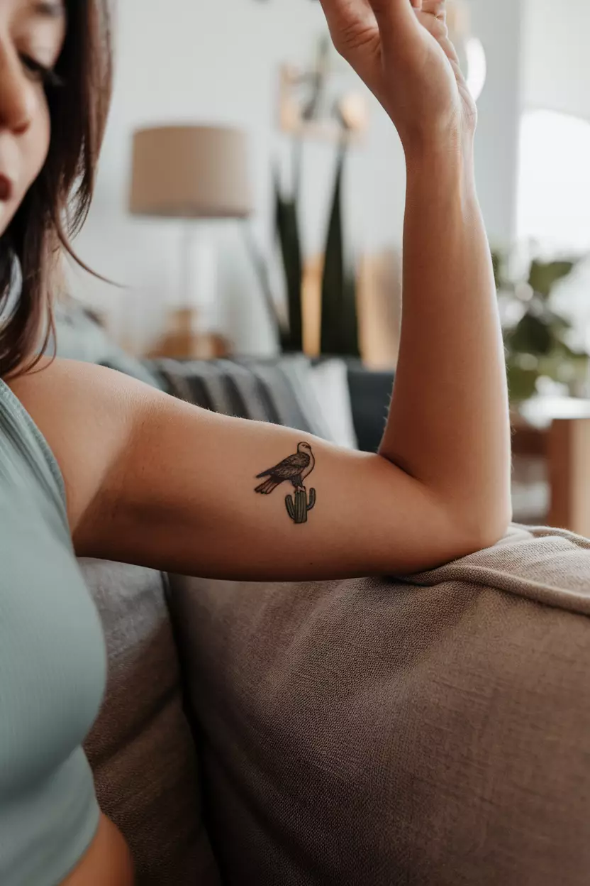 Tiny Eagle and Cactus A close-up photo of a woman showing her tiny tattoo of an eagle perched on a tiny cactus, tattoo design, living room background