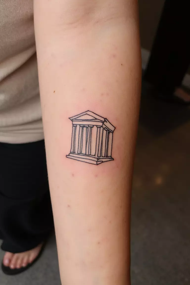 A close up shot of woman's arm with a black ink tattoo featuring a small outline of a Greek temple with classic columns.