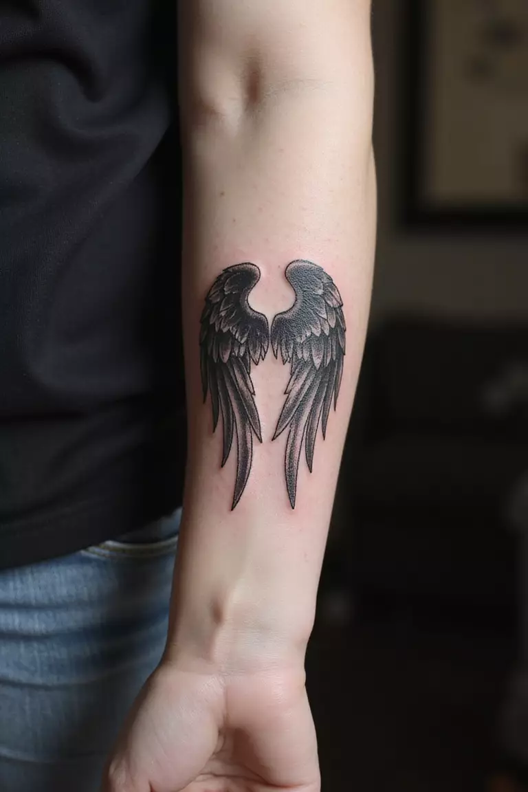 Angel Wings on Arm A close-up shot of a woman's arm with a black ink tattoo of angel wings wrapping the forearm.