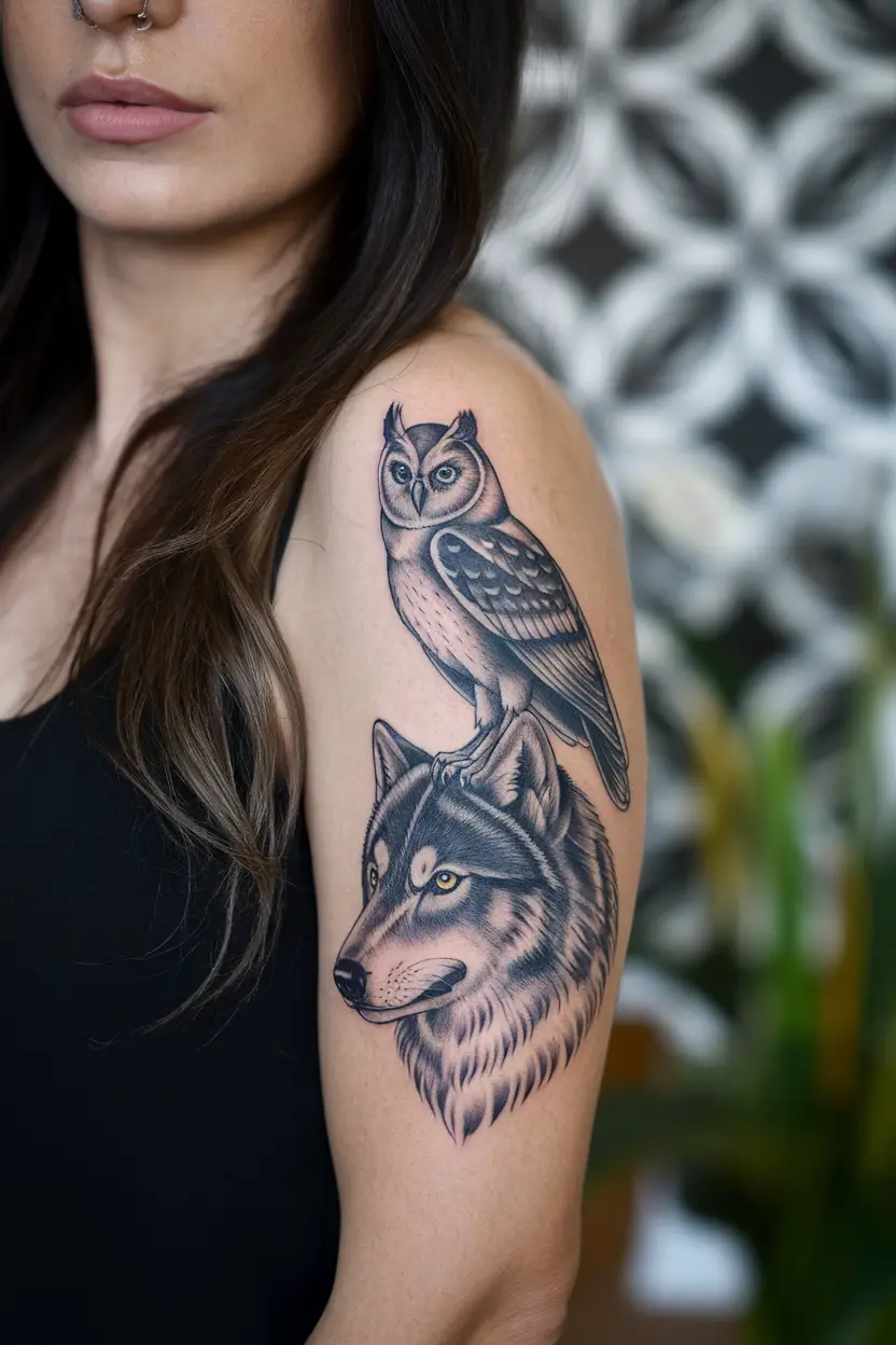 Owl and Wolf Arm Tattoo