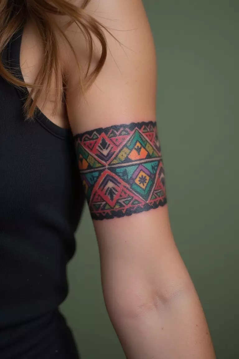 A close-up shot of a woman's arm with a black ink tattoo showing a band of a colorful Mexican Serape pattern.