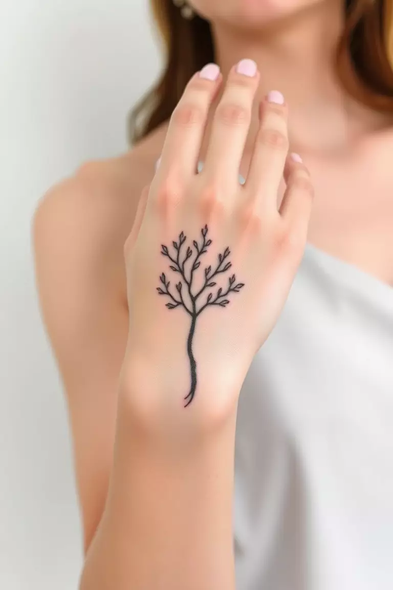 A photo of a woman showcasing a minimalist poison tree hand tattoo, consisting of simple lines and shapes.  
