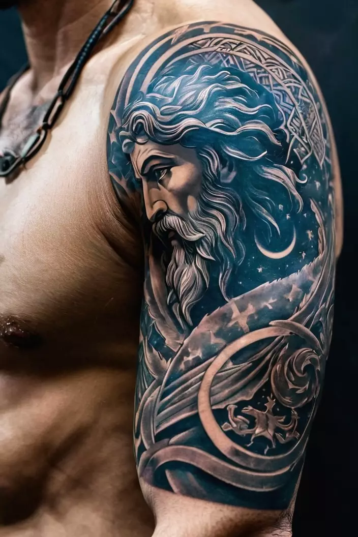 A close-up photo of a man showing his Zeus and cosmic symbolism arm tattoo, integrating celestial patterns and motifs with the image of Zeus.  