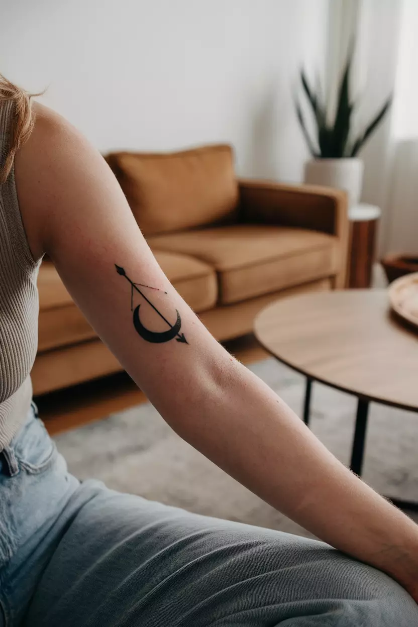 A close-up photo of a woman showing her arm with a creative tattoo of a crescent moon formed by a bow and arrow, tattoo design, living room background