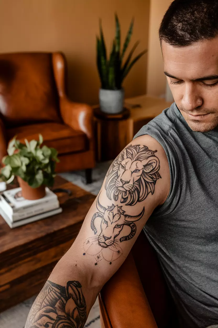 A close-up photo of a man showing his creative tattoo combining Leo and Taurus symbols on his upper arm, featuring both animals in an artistic design set in an inviting living room decorated with warm tones and personal touches that reflect loyalty and strength.