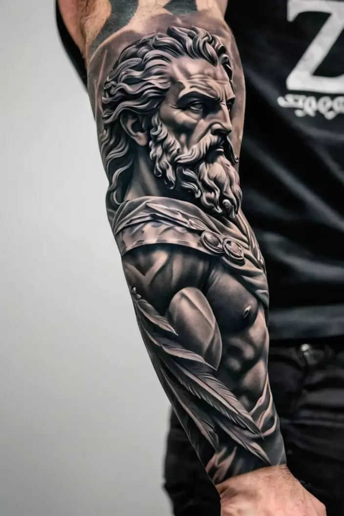 A close-up photo of a man showing his full-sleeve Zeus in black and gray men s tattoo, emphasizing dramatic shading and a mythological theme.  