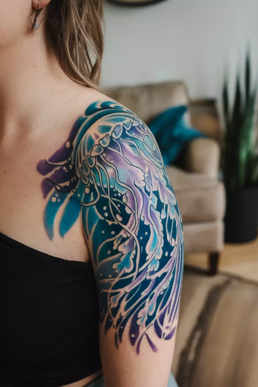 A close-up photo of a woman showing her jellyfish tattoo with flowing tentacles that create an ethereal look representing grace and fluidity in nature's wonders, tattoo design, living room background
