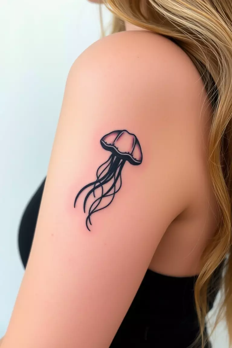 A close-up photo of a woman showing her jellyfish silhouette tattoo in black ink on her arm.